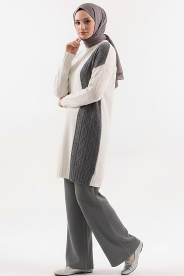 Tesettür giyim GRİ TRİKO PANTOLONLU TAKIM T 0407 - TRENDTESETTÜR