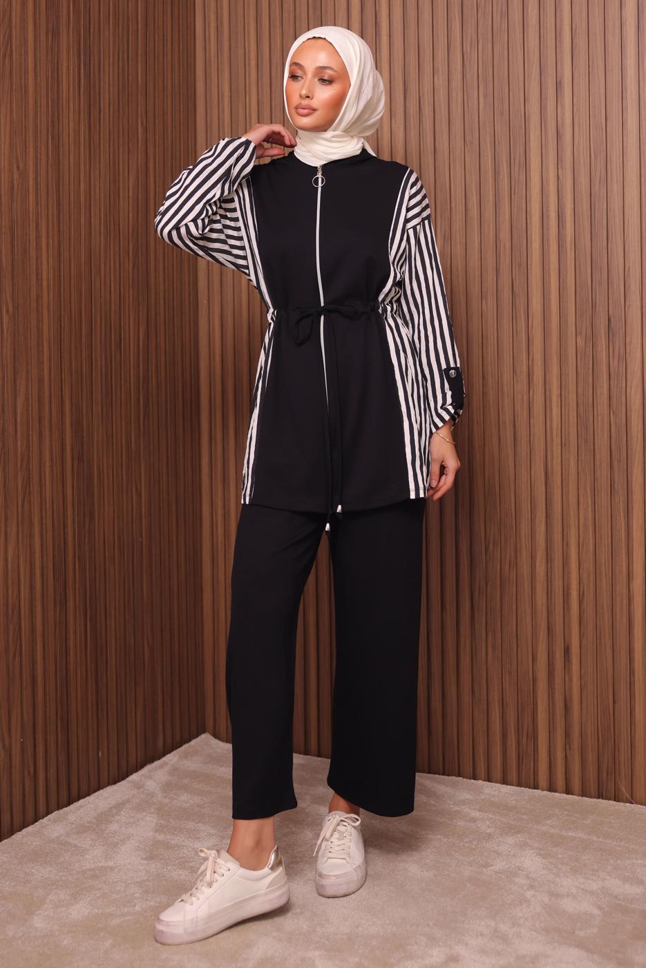 Tesettür giyim SİYAH KAPÜŞONLU PANTOLONLU TAKIM T 0635