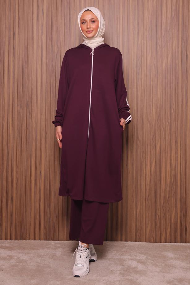 Tesettür giyim BORDO KAPÜŞONLU PANTOLONLU TAKIM T 0835 - TRENDTESETTÜR