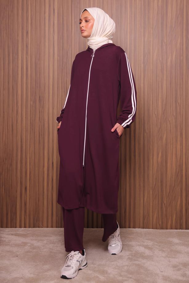 Tesettür giyim BORDO KAPÜŞONLU PANTOLONLU TAKIM T 0835 - TRENDTESETTÜR