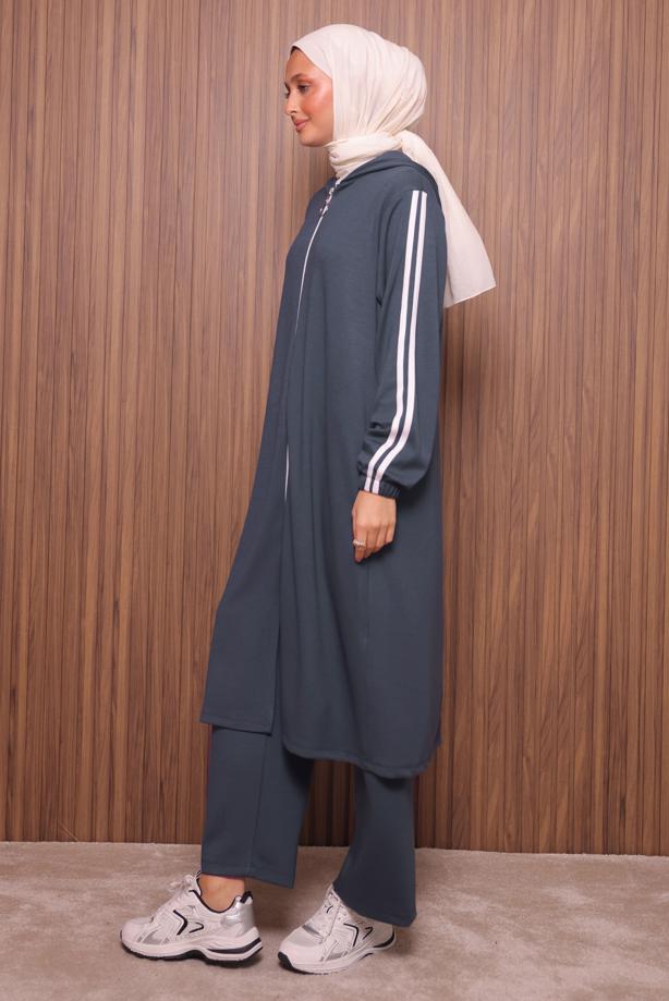 Tesettür giyim GRİ KAPÜŞONLU PANTOLONLU TAKIM T 0835 - TRENDTESETTÜR