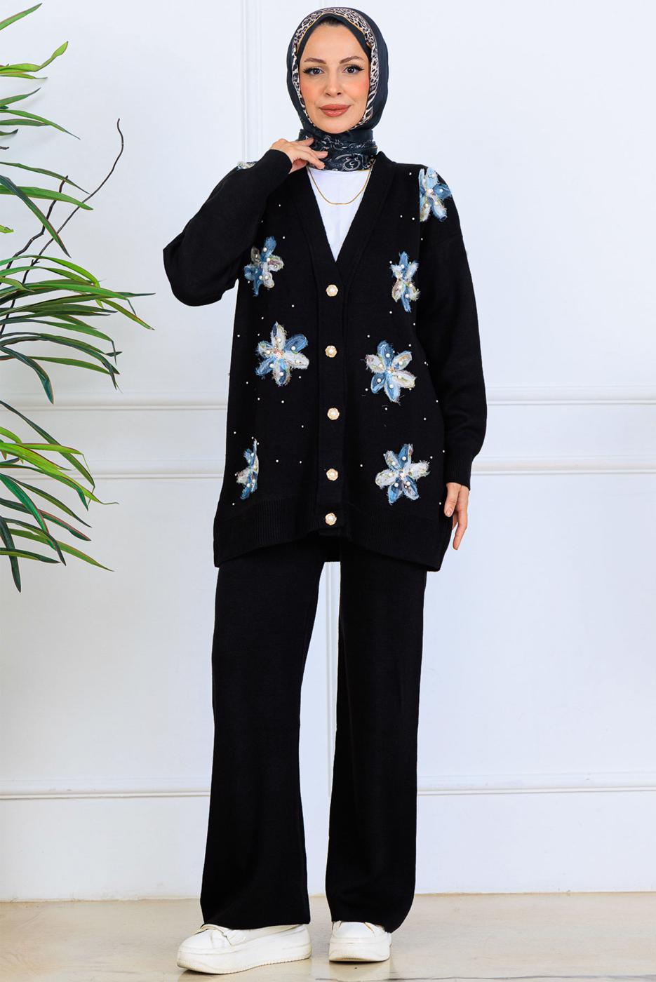 Tesettür giyim SİYAH T 1001 BN ÇİÇEKLİ TRİKO TAKIM