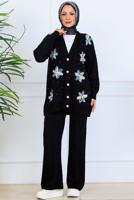 Tesettür giyim SİYAH T 1001 BN ÇİÇEKLİ TRİKO TAKIM