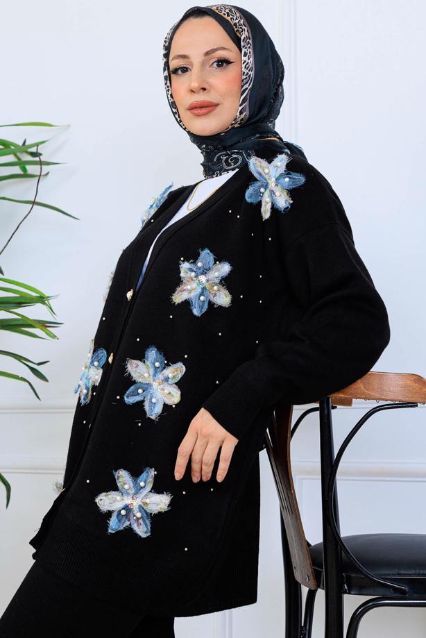 Tesettür giyim SİYAH T 1001 BN ÇİÇEKLİ TRİKO TAKIM - TRENDTESETTÜR