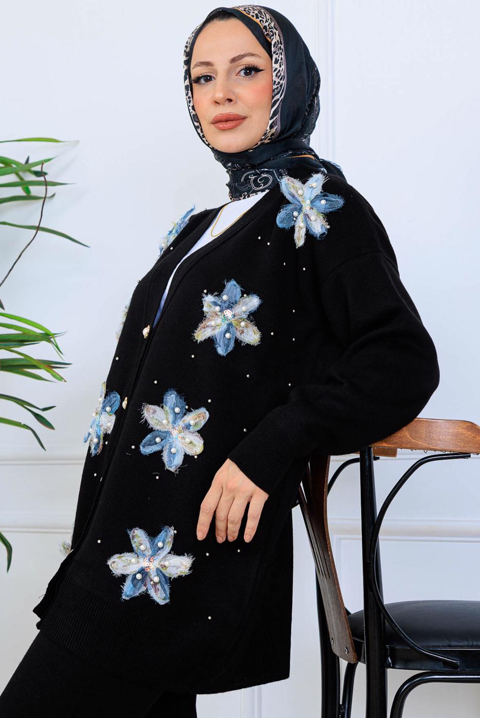 Tesettür giyim SİYAH T 1001 BN ÇİÇEKLİ TRİKO TAKIM