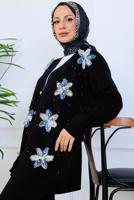 Tesettür giyim SİYAH T 1001 BN ÇİÇEKLİ TRİKO TAKIM