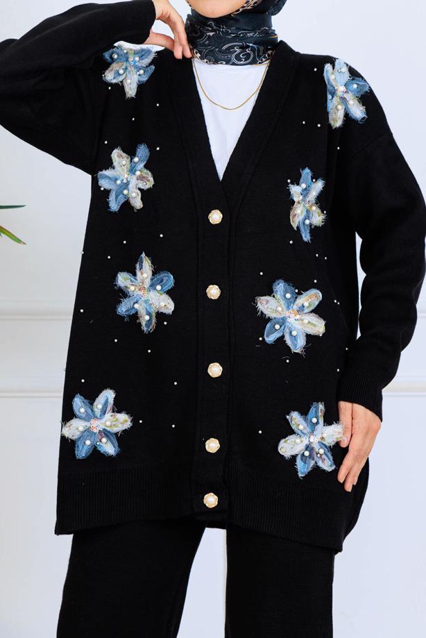 Tesettür giyim SİYAH T 1001 BN ÇİÇEKLİ TRİKO TAKIM - TRENDTESETTÜR