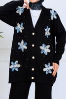 Tesettür giyim SİYAH T 1001 BN ÇİÇEKLİ TRİKO TAKIM