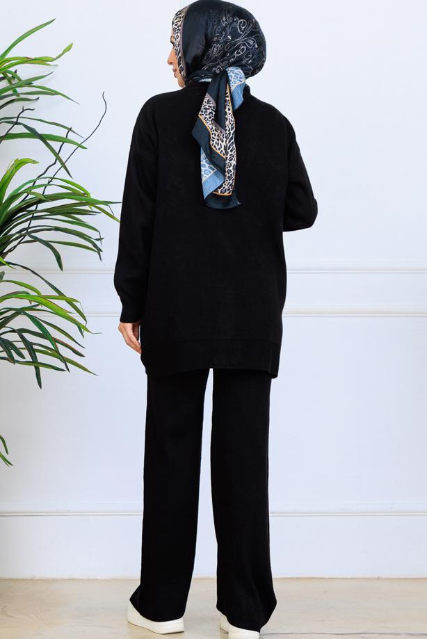 Tesettür giyim SİYAH T 1001 BN ÇİÇEKLİ TRİKO TAKIM - TRENDTESETTÜR