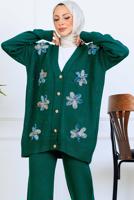 Tesettür giyim YEŞİL T 1001 BN ÇİÇEKLİ TRİKO TAKIM