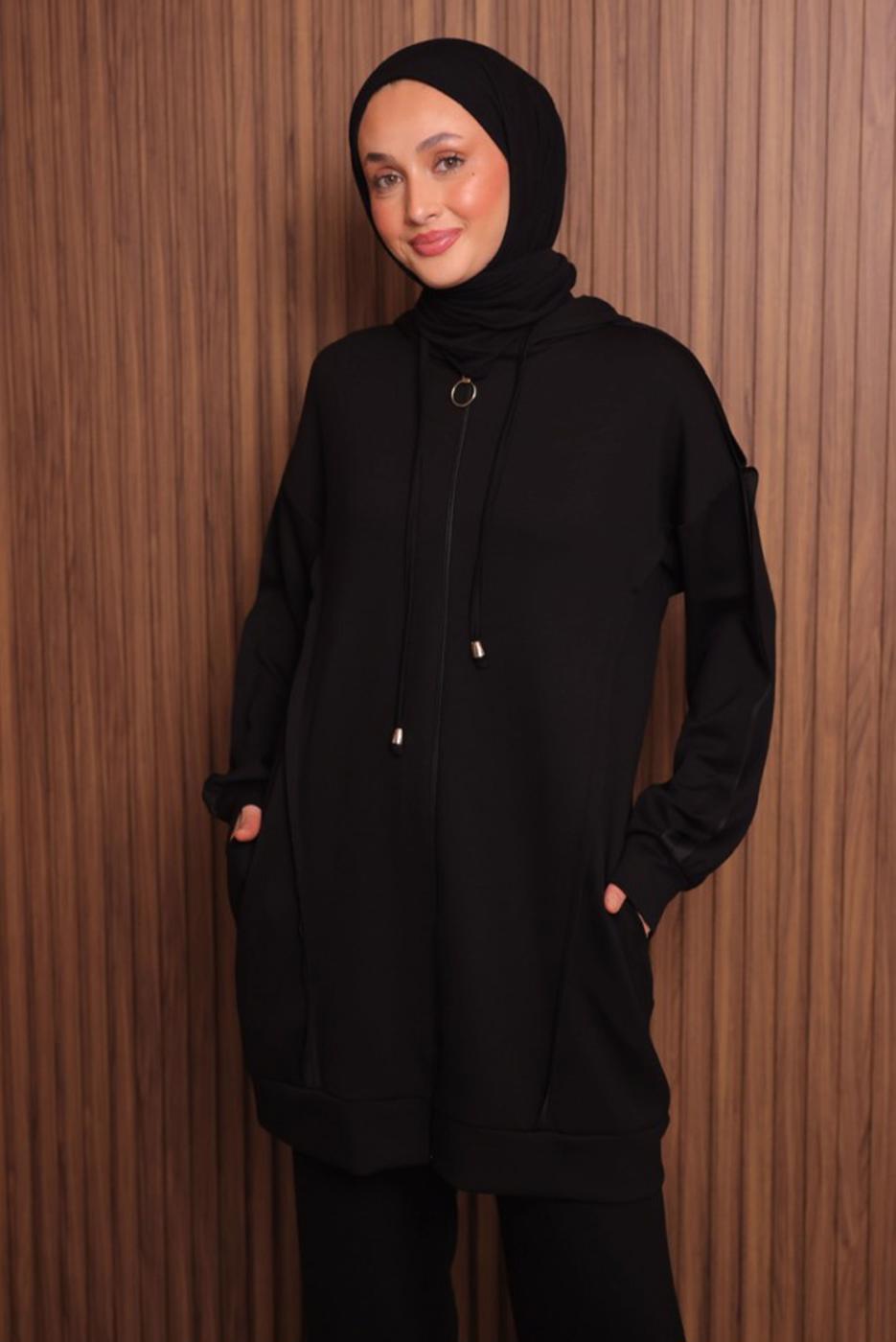 Tesettür giyim SİYAH PANTOLONLU KAPÜŞONLU TAKIM T 1017