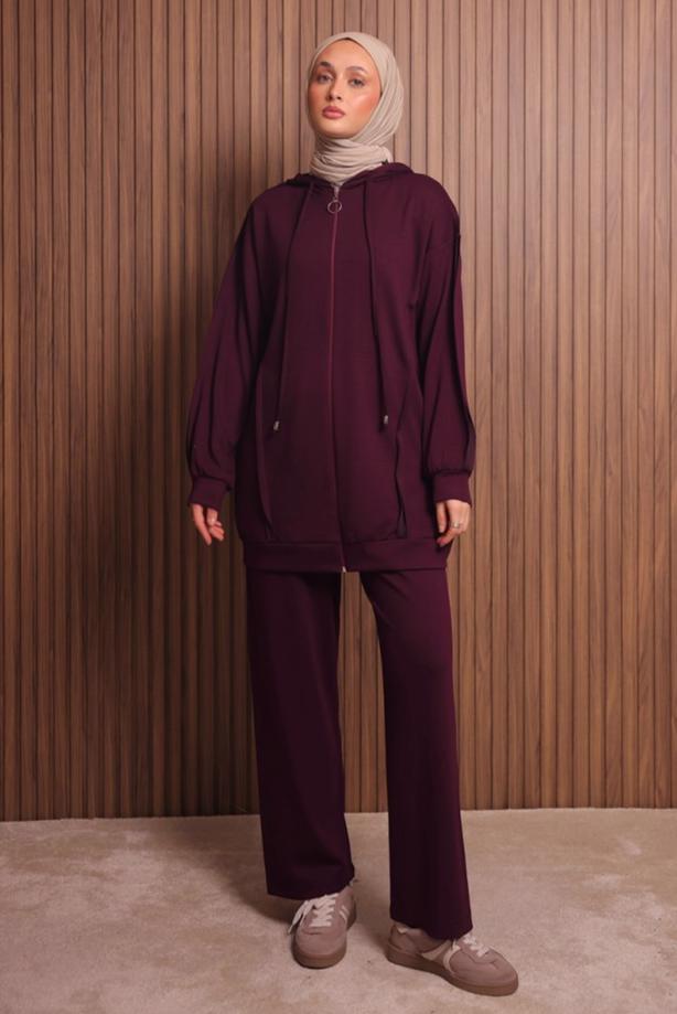 Tesettür giyim BORDO PANTOLONLU KAPÜŞONLU TAKIM T 1017 - TRENDTESETTÜR