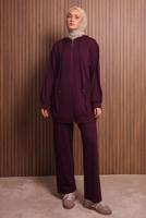 Tesettür giyim BORDO PANTOLONLU KAPÜŞONLU TAKIM T 1017