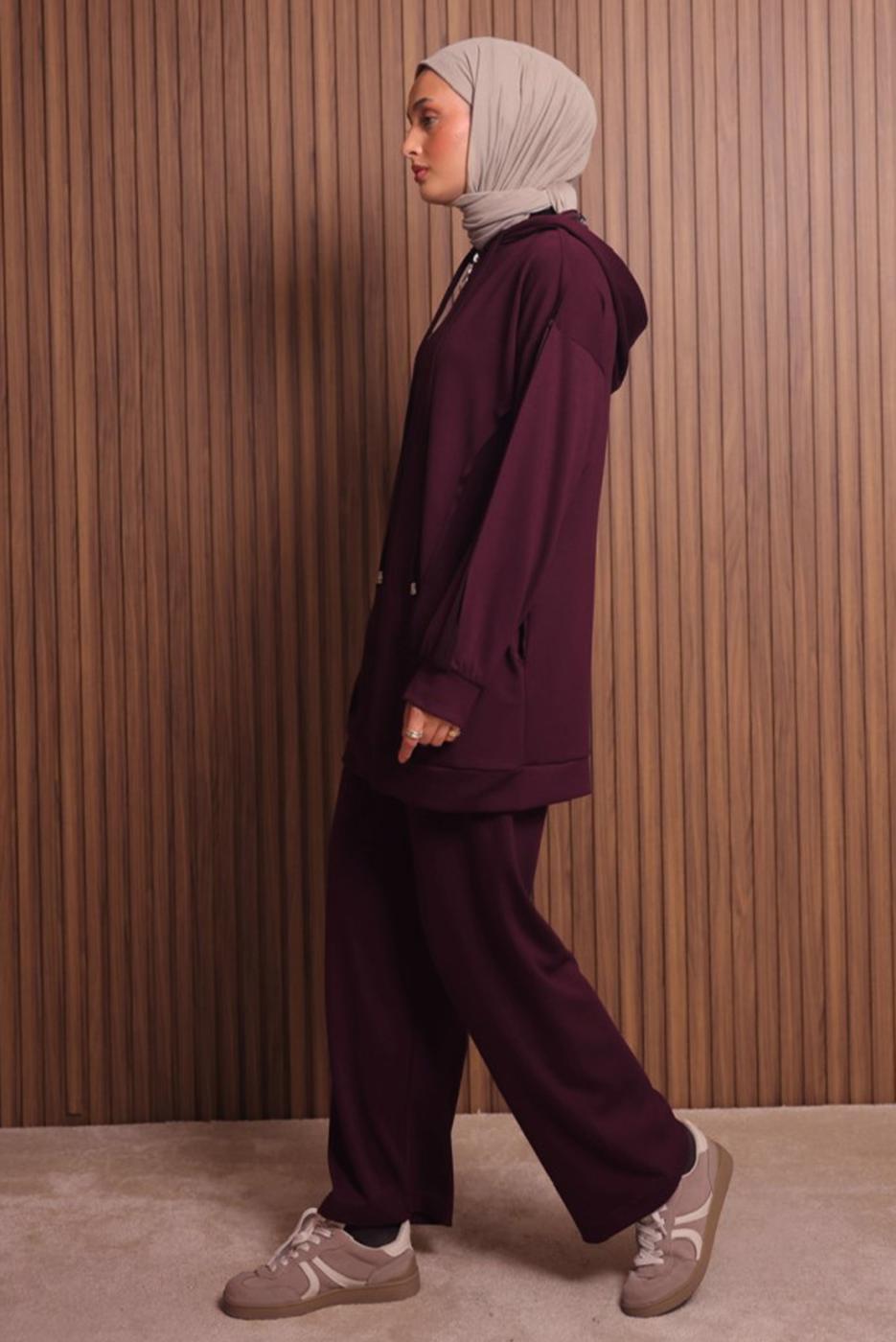 Tesettür giyim BORDO PANTOLONLU KAPÜŞONLU TAKIM T 1017