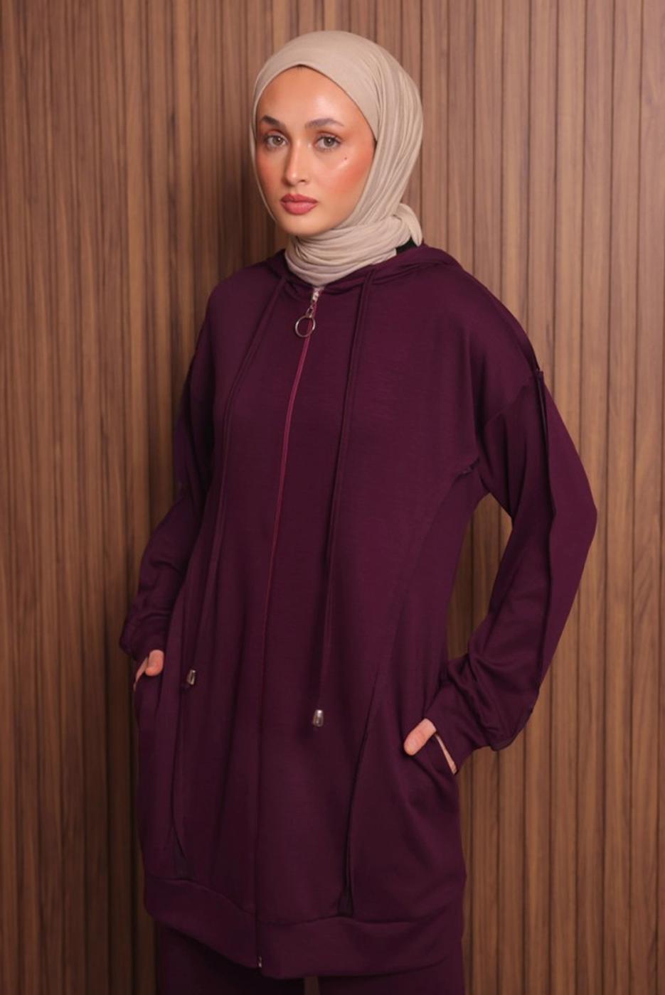 Tesettür giyim BORDO PANTOLONLU KAPÜŞONLU TAKIM T 1017