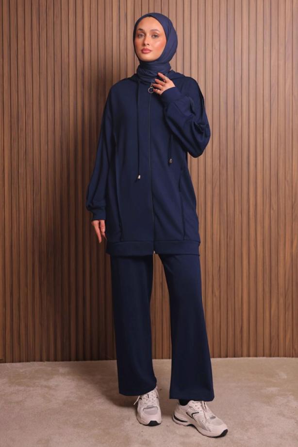 Tesettür giyim LACİVERT PANTOLONLU KAPÜŞONLU TAKIM T 1017 - TRENDTESETTÜR