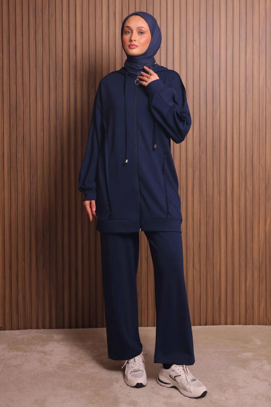 Tesettür giyim LACİVERT PANTOLONLU KAPÜŞONLU TAKIM T 1017