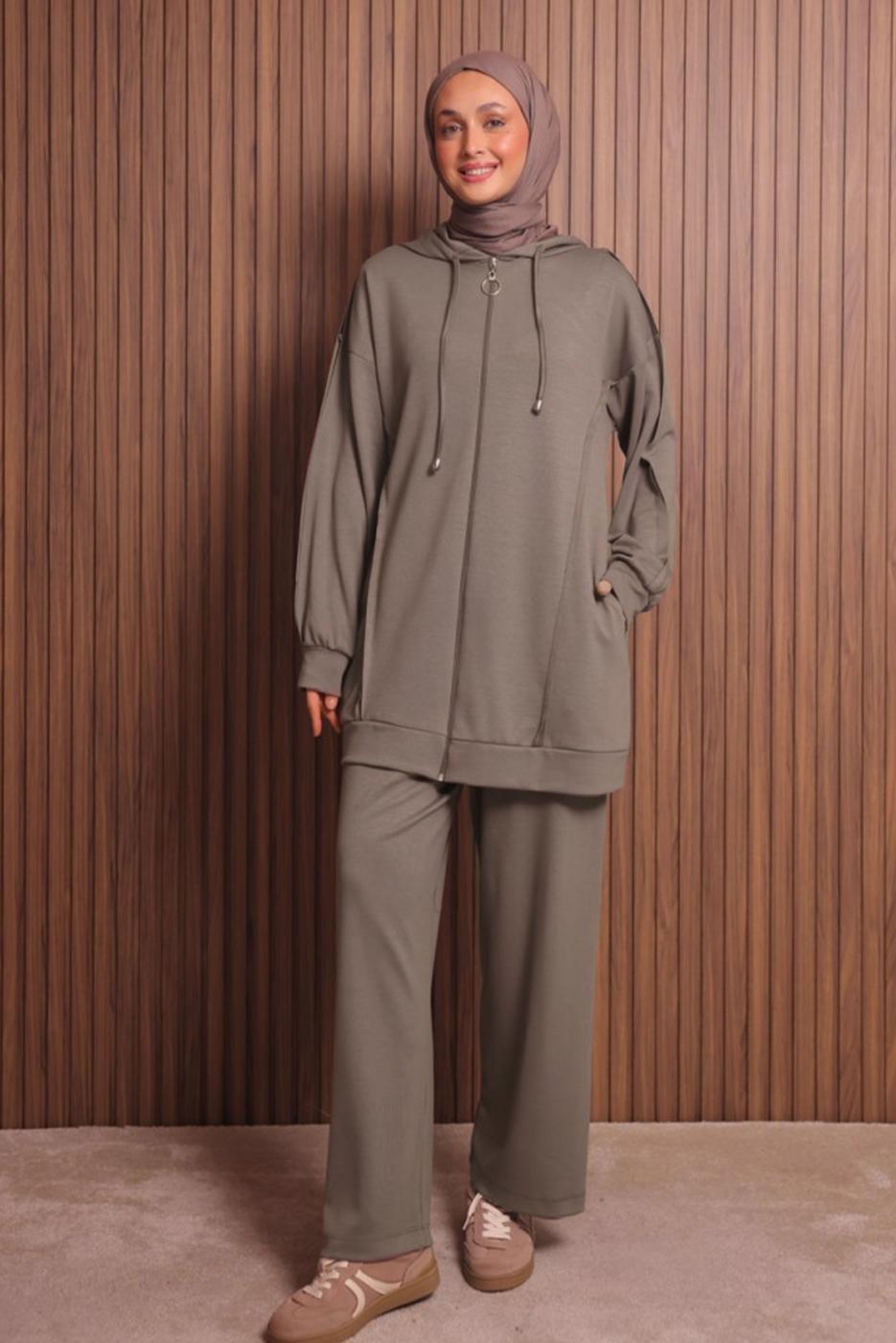 Tesettür giyim KAHVE PANTOLONLU KAPÜŞONLU TAKIM T 1017