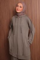 Tesettür giyim KAHVE PANTOLONLU KAPÜŞONLU TAKIM T 1017