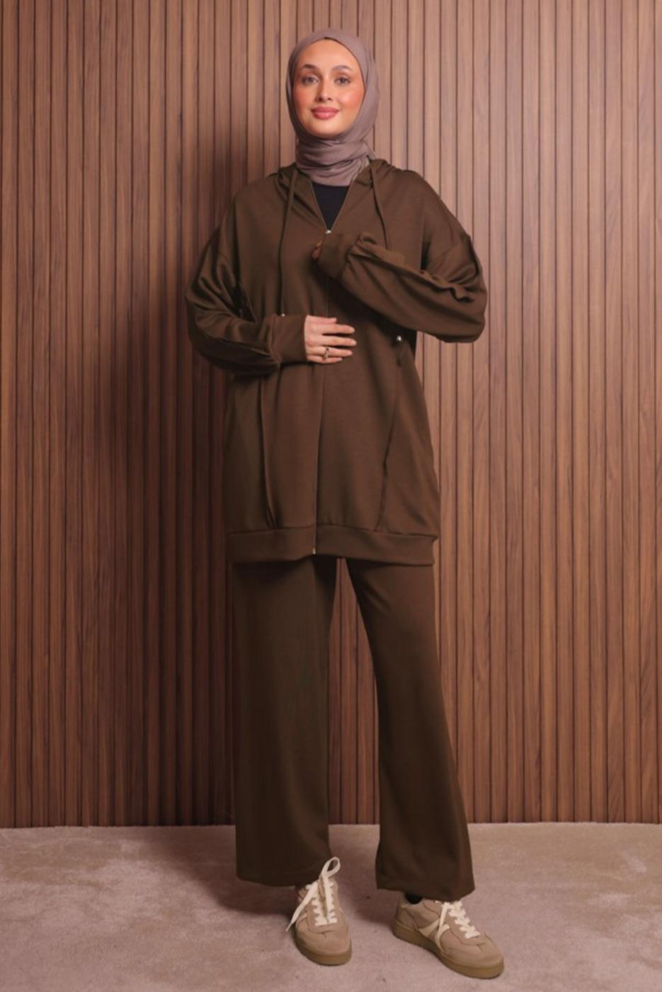 Tesettür giyim KAHVE PANTOLONLU KAPÜŞONLU TAKIM T 1017