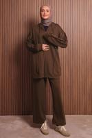 Tesettür giyim KAHVE PANTOLONLU KAPÜŞONLU TAKIM T 1017