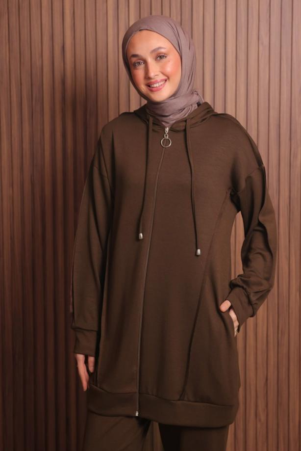 Tesettür giyim KAHVE PANTOLONLU KAPÜŞONLU TAKIM T 1017 - TRENDTESETTÜR