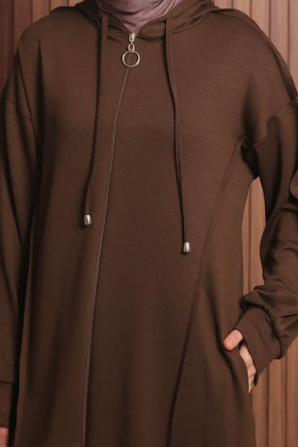 Tesettür giyim KAHVE PANTOLONLU KAPÜŞONLU TAKIM T 1017 - TRENDTESETTÜR