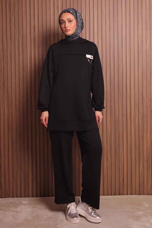 Tesettür giyim SİYAH KAPÜŞONLU PANTOLONLU TAKIM T 2017 - TRENDTESETTÜR