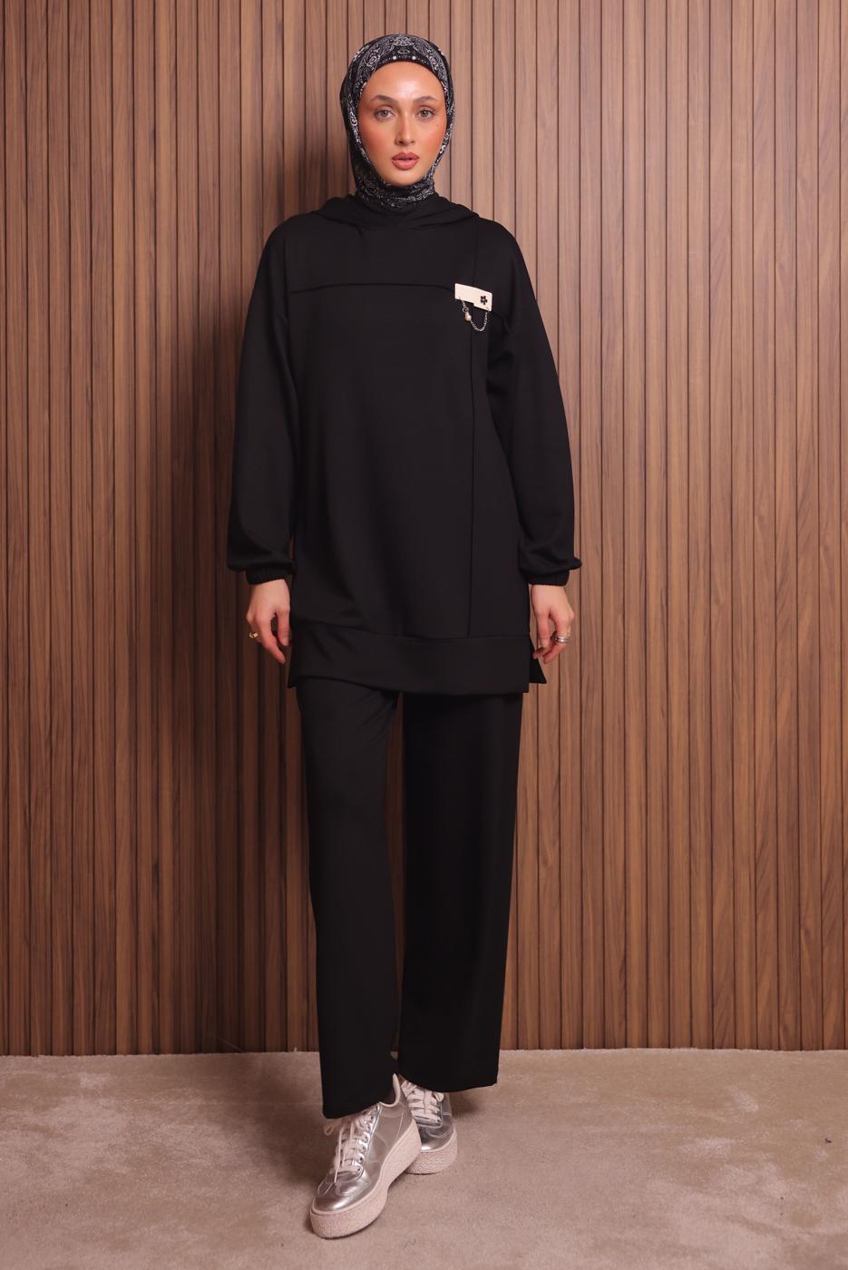 Tesettür giyim SİYAH KAPÜŞONLU PANTOLONLU TAKIM T 2017