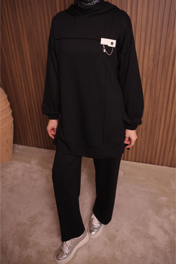 Tesettür giyim SİYAH KAPÜŞONLU PANTOLONLU TAKIM T 2017 - TRENDTESETTÜR