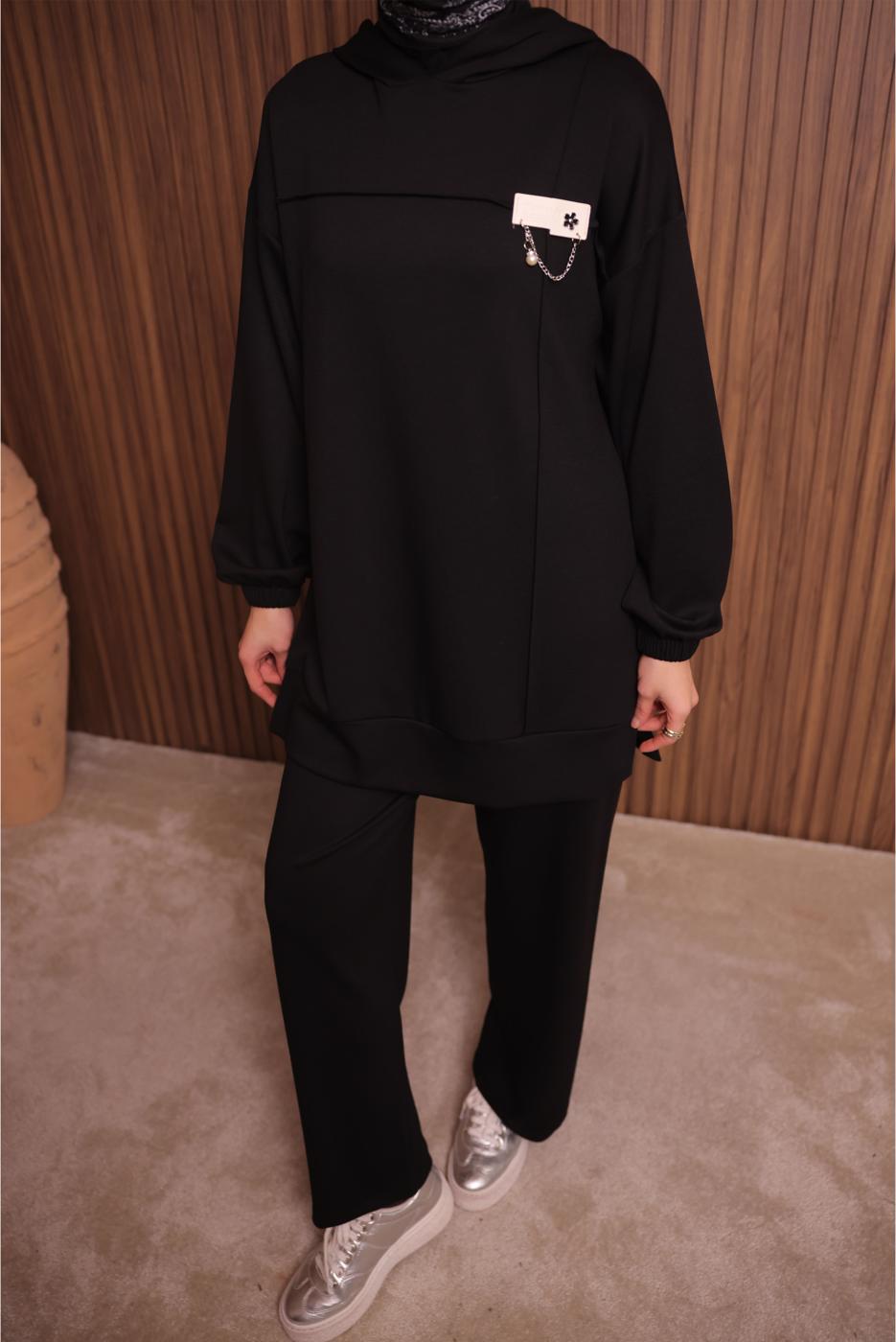 Tesettür giyim SİYAH KAPÜŞONLU PANTOLONLU TAKIM T 2017