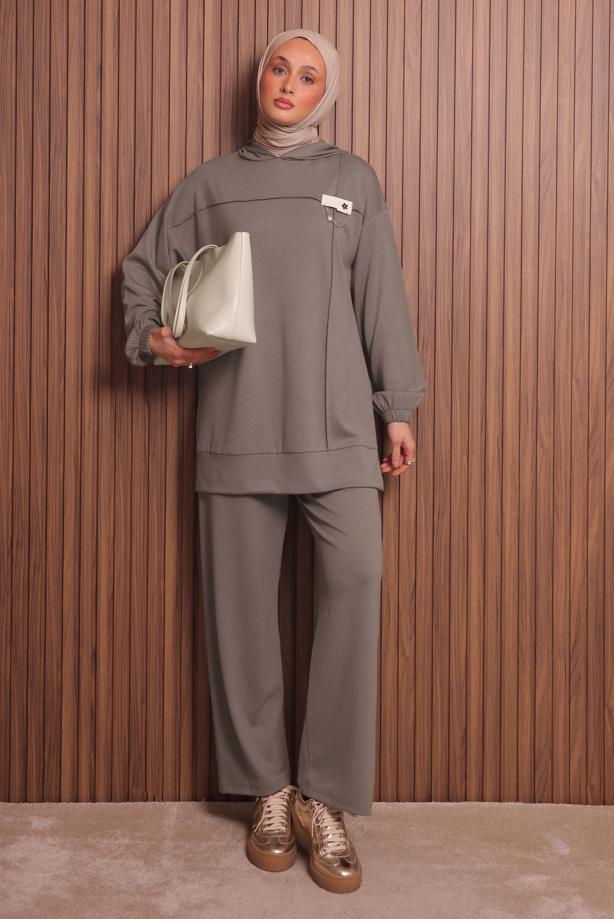Tesettür giyim VİZON KAPÜŞONLU PANTOLONLU TAKIM T 2017 - TRENDTESETTÜR