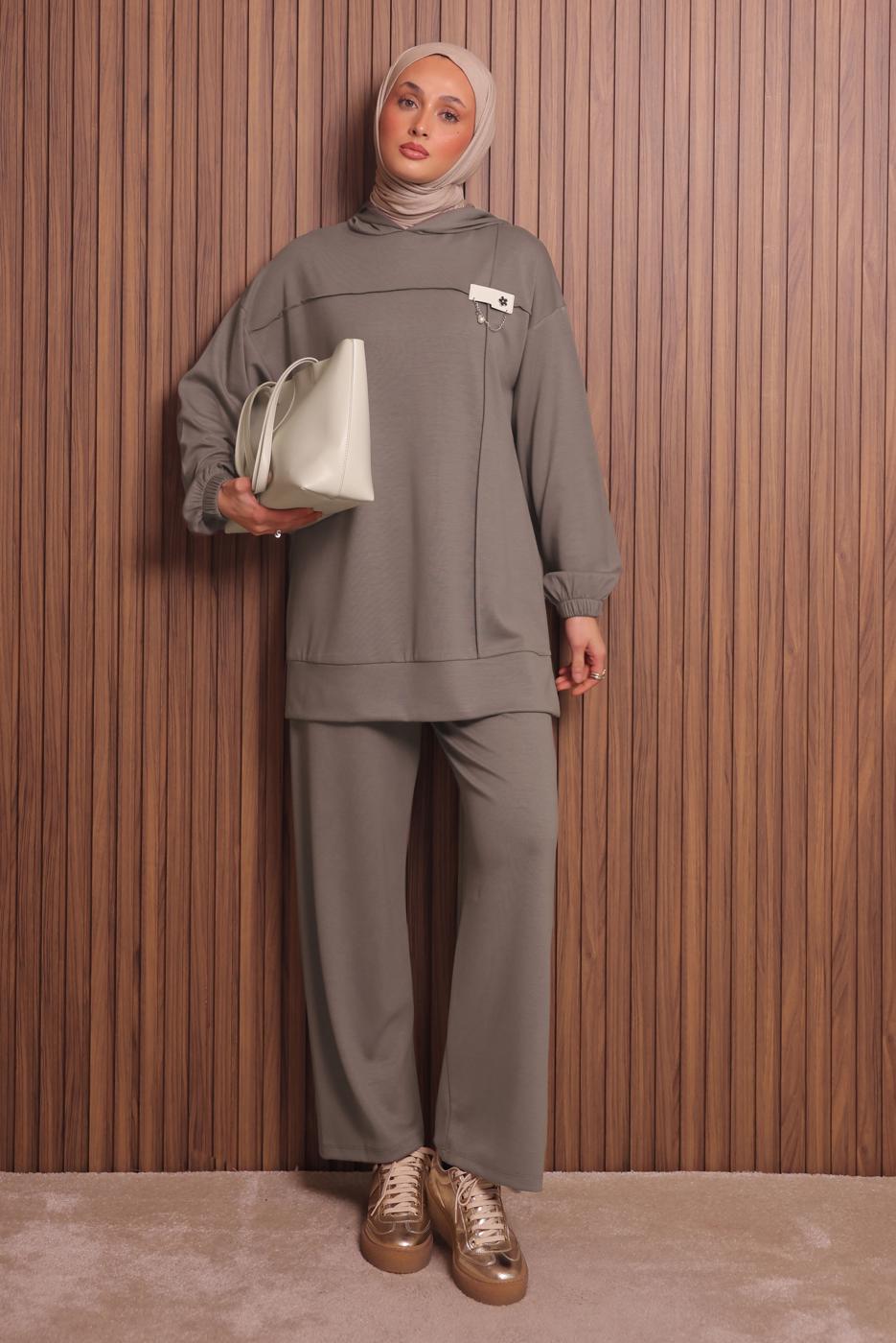 Tesettür giyim VİZON KAPÜŞONLU PANTOLONLU TAKIM T 2017