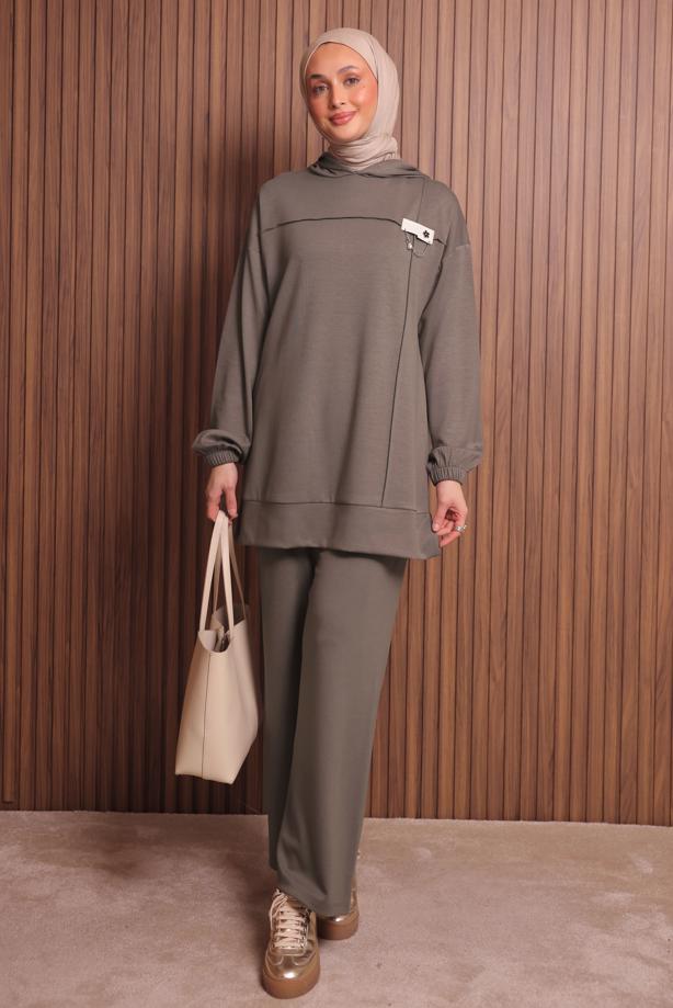 Tesettür giyim VİZON KAPÜŞONLU PANTOLONLU TAKIM T 2017 - TRENDTESETTÜR