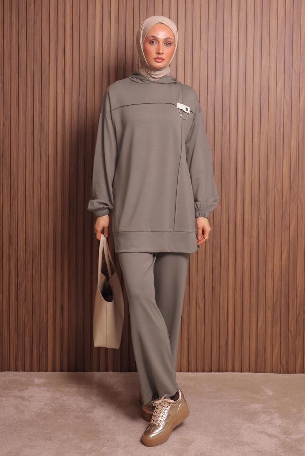 Tesettür giyim VİZON KAPÜŞONLU PANTOLONLU TAKIM T 2017 - TRENDTESETTÜR