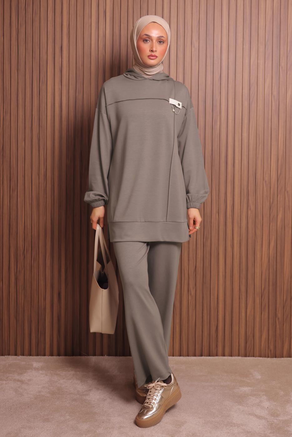 Tesettür giyim VİZON KAPÜŞONLU PANTOLONLU TAKIM T 2017