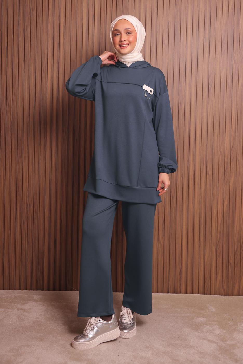 Tesettür giyim GRİ KAPÜŞONLU PANTOLONLU TAKIM T 2017