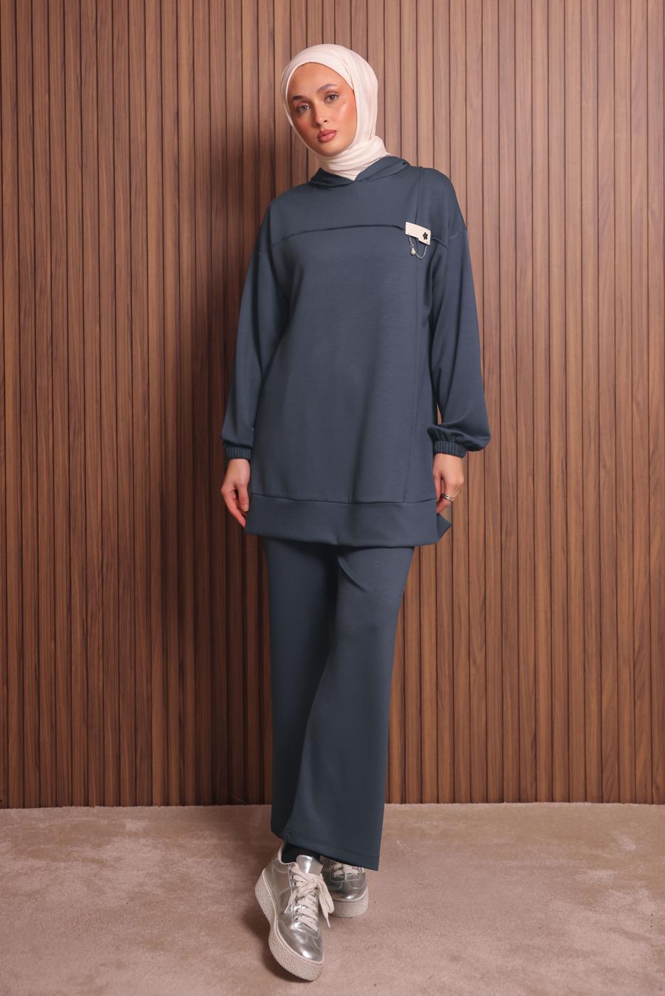 Tesettür giyim GRİ KAPÜŞONLU PANTOLONLU TAKIM T 2017