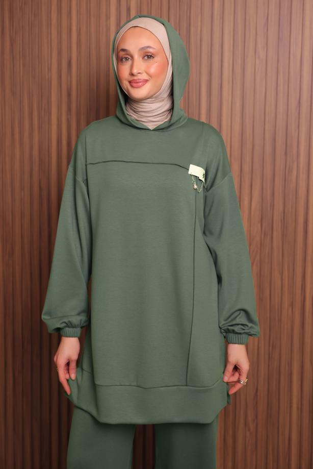 Tesettür giyim YEŞİL KAPÜŞONLU PANTOLONLU TAKIM T 2017 - TRENDTESETTÜR