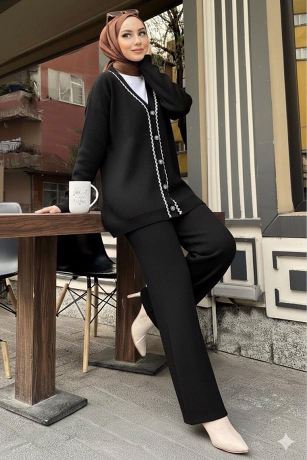 Tesettür giyim SİYAH T 20352 BN CEKETLİ TRİKO TAKIM - TRENDTESETTÜR