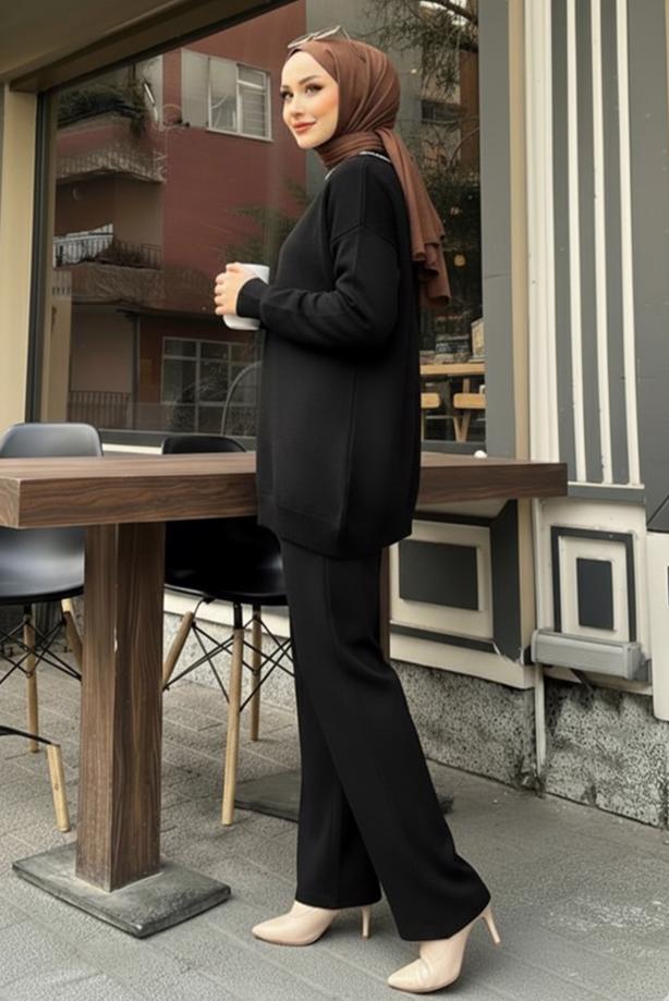 Tesettür giyim SİYAH T 20352 BN CEKETLİ TRİKO TAKIM - TRENDTESETTÜR