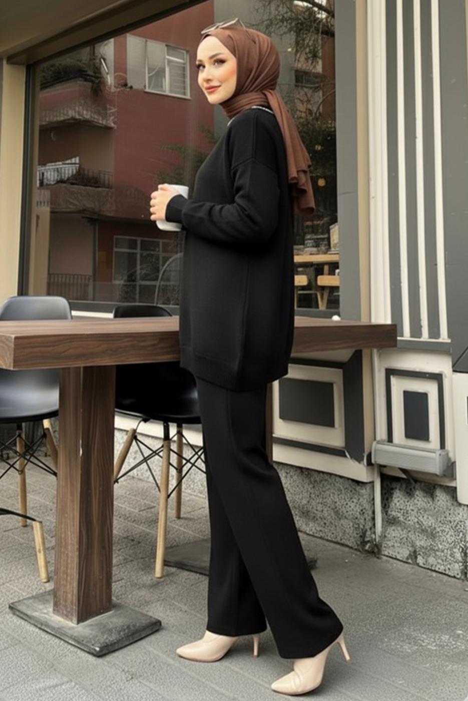 Tesettür giyim SİYAH PANTOLONLU TRİKO TAKIM T 20352