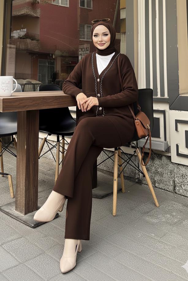 Tesettür giyim KAHVE T 20352 BN CEKETLİ TRİKO TAKIM - TRENDTESETTÜR