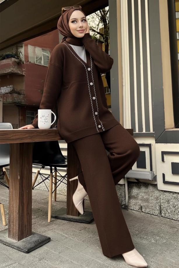 Tesettür giyim KAHVE T 20352 BN CEKETLİ TRİKO TAKIM - TRENDTESETTÜR