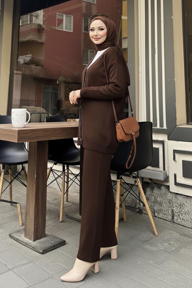 Tesettür giyim KAHVE T 20352 BN CEKETLİ TRİKO TAKIM - TRENDTESETTÜR