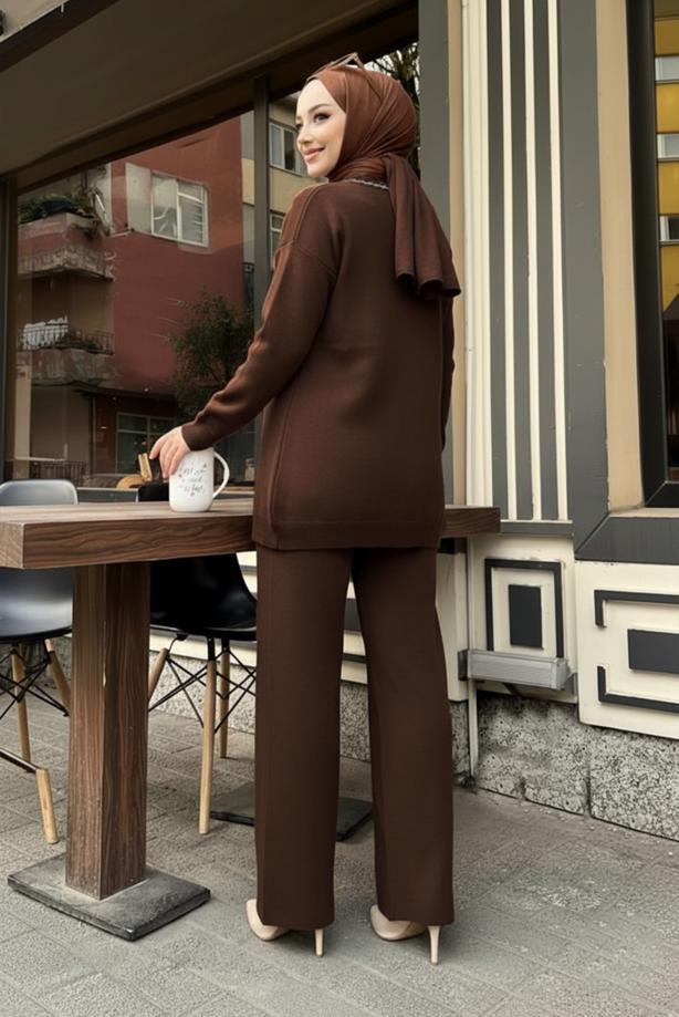 Tesettür giyim KAHVE T 20352 BN CEKETLİ TRİKO TAKIM - TRENDTESETTÜR