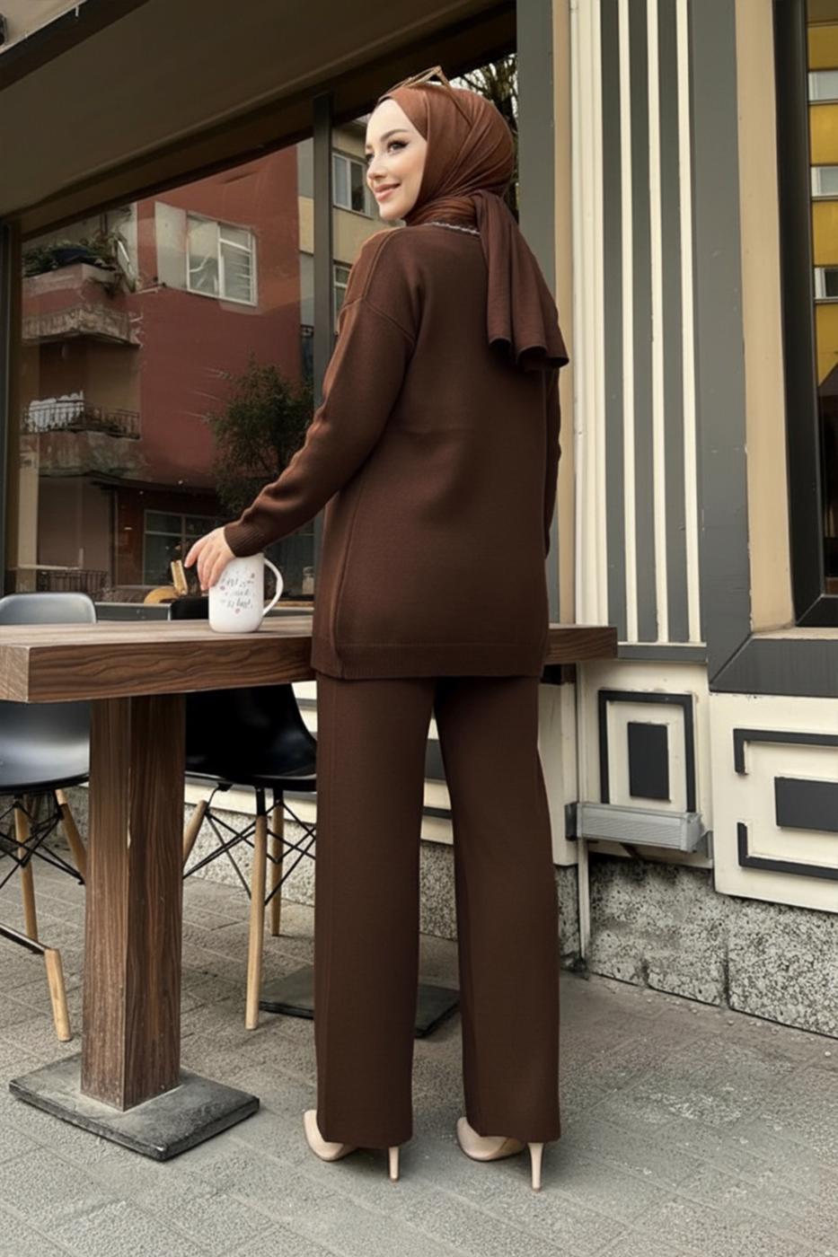 Tesettür giyim KAHVE PANTOLONLU TRİKO TAKIM T 20352