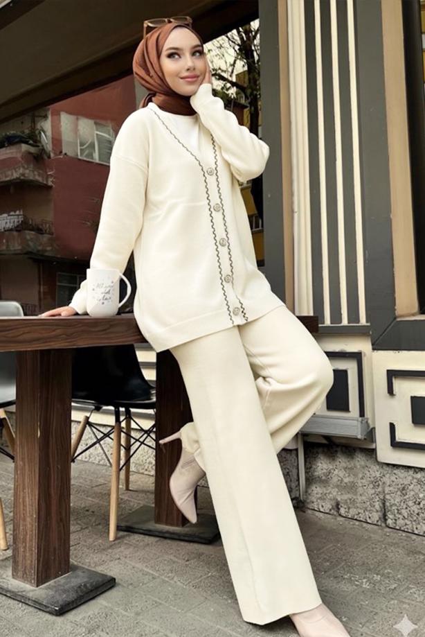 Tesettür giyim BEJ T 20352 BN CEKETLİ TRİKO TAKIM - TRENDTESETTÜR