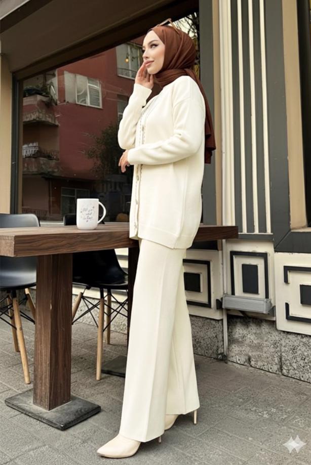 Tesettür giyim BEJ T 20352 BN CEKETLİ TRİKO TAKIM - TRENDTESETTÜR