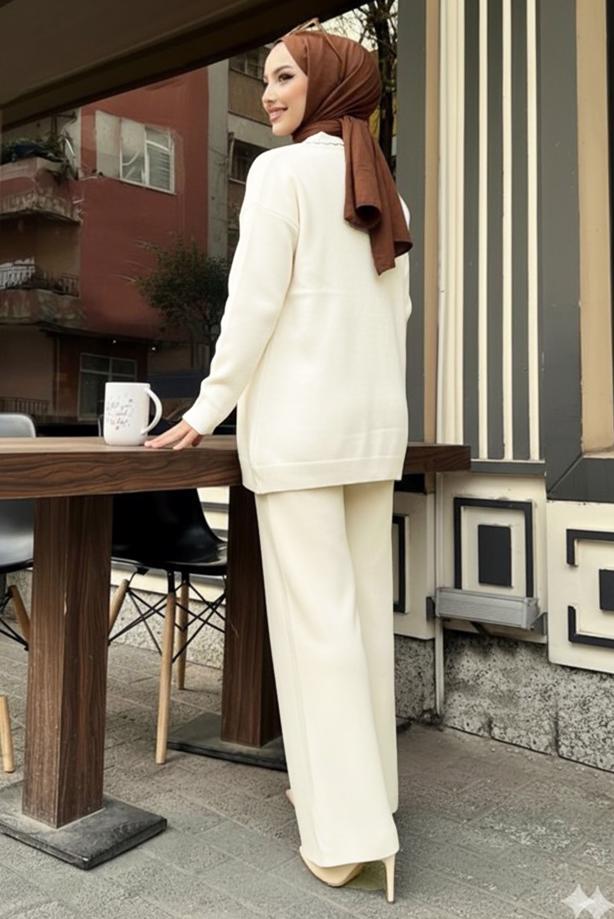 Tesettür giyim BEJ T 20352 BN CEKETLİ TRİKO TAKIM - TRENDTESETTÜR